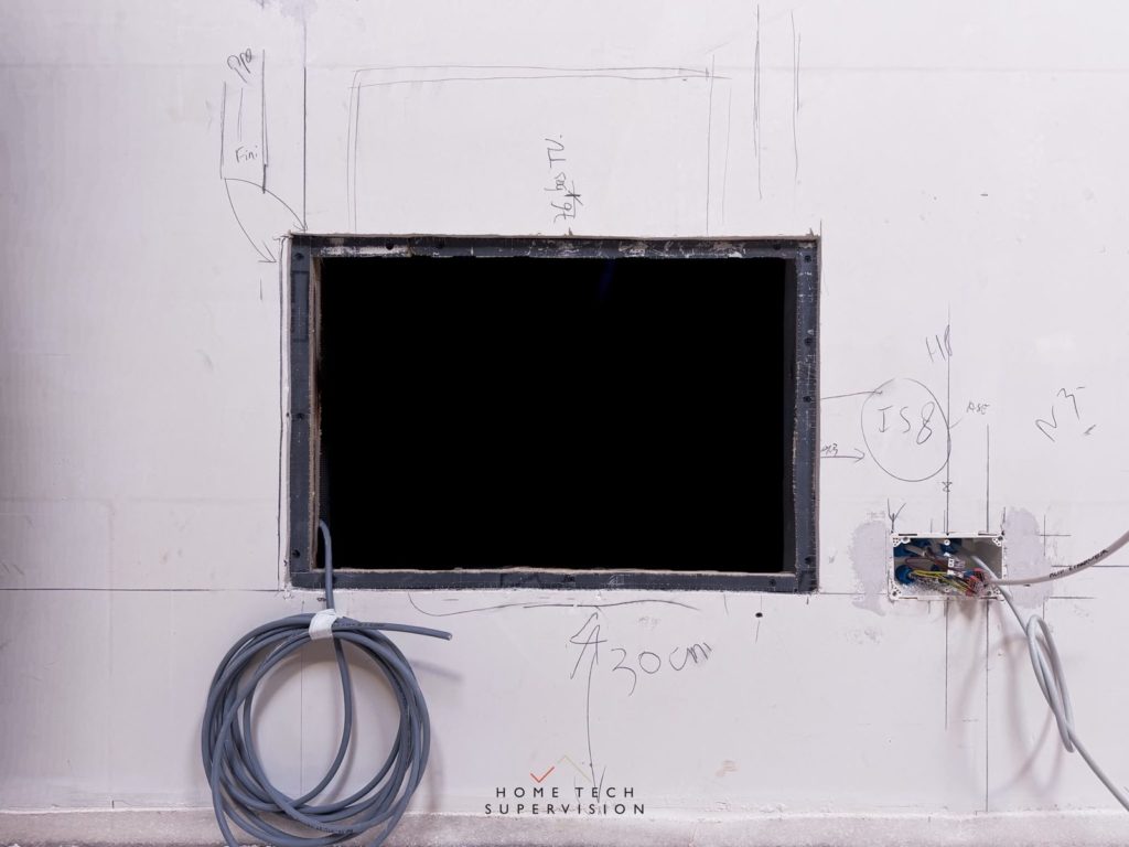 Niche TV annotée au crayon avec câbles en attente